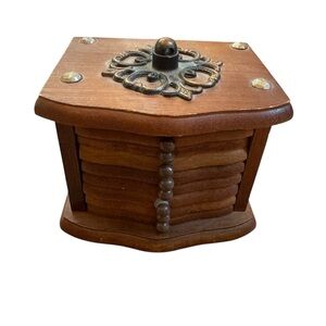 VTG Wood & Cork Coasters Wooden Box Holder Set of 8 MCM Metal Decorative Top